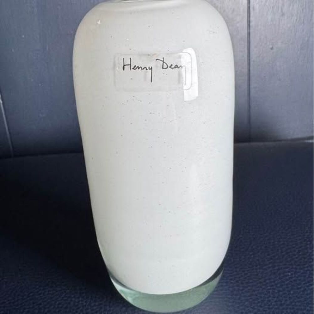 Henry Dean Belgium Signed Hand Blown Art Glass Vase Cream White 6”
